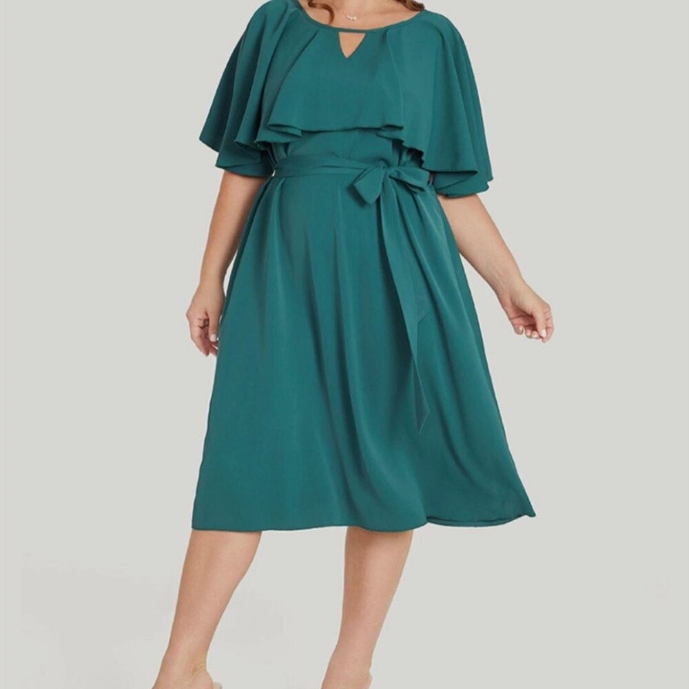 NWT 2X, 18-20 Bloomchic Plain Keyhole Pocket Belted Ruffles Dress - Picture 2 of 9